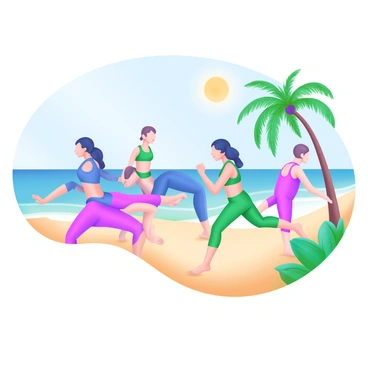A group of individuals performing "reverse lunges" together on a "sunny beach." The beach has soft, golden sand and gentle waves lapping at the shore. The sun is shining brightly in a clear blue sky, casting warm light on the scene. Each person in the group is dressed in bright, colorful athletic wear, showcasing a variety of colors such as blue, pink, and green. They are positioned in a dynamic formation, some with one leg extended back while others are in mid-lunge pose. Palm trees are visible in the background, swaying lightly in the breeze.