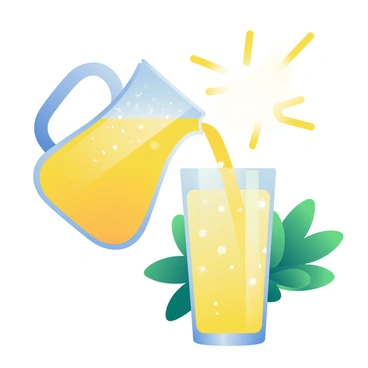 A clear glass pitcher filled with refreshing lemonade is being tilted as yellow liquid is poured into a tall, frosted glass. Sunlight streams through, creating sparkles on the surface of the lemonade. Tiny droplets of condensation are visible on the outside of the pitcher, catching the light and creating a glistening effect. The background features lush green foliage, enhancing the bright and refreshing atmosphere of the scene.