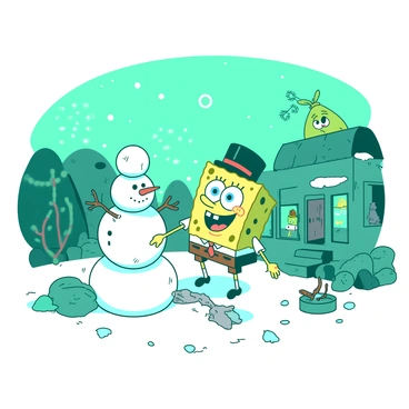 A teal Bikini Bottom transformed into a winter wonderland, with snow gently covering the vibrant coral reefs and sea floor. In the foreground, "SpongeBob" is joyfully building a snowman, stacking snowballs carefully to create its body. The snowman has a carrot nose and a cheerful smile, with a small top hat resting on its head. Around SpongeBob, there are snowflakes falling softly from above, and in the background, "Squidward" peeks out from his house, looking surprised at the snowy scene. Cozy holiday decorations adorn the surroundings, adding a festive touch to the underwater landscape.