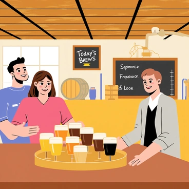 A cozy Colorado craft brewery with wooden beams and warm lighting. Patrons are seated at a long, rustic wooden bar, smiling as they enjoy a flight of assorted beers. Various small glasses filled with different colored beers, including amber, dark brown, and pale yellow, sit in front of them on a wooden tray. A chalkboard menu with "Today's Brews" written in chalk is displayed behind the bar, showcasing the names of the beers. Barrels and brewing equipment can be seen in the background, adding to the brewery atmosphere.