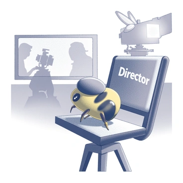 A bee sitting on a director's chair on a film set. The bee is wearing a beret placed snugly on its head. The chair is positioned in front of a backdrop that resembles a movie scene, with film equipment like cameras and lights visible in the background. The chair has "Director" engraved on it, clearly indicating its significance. The focus is on the bee and its attire, showcasing its unique role in this cinematic environment.