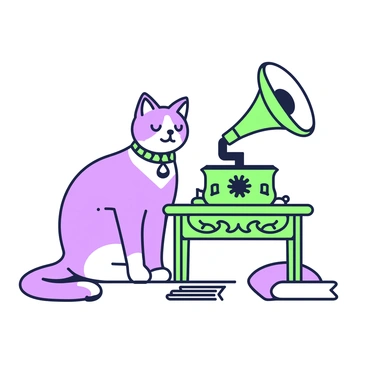 A Victorian-style cat with a fluffy coat and a poised demeanor is sitting elegantly beside a vintage gramophone. The cat has a decorative collar adorned with a small pendant. The gramophone features an ornate horn and is set on a wooden table with intricate carvings. The cat's ears are perked up as it listens intently to the music emanating from the device. Nearby, there are a few scattered sheet music pages and a plush cushion on the floor, adding to the cozy atmosphere of the scene.
