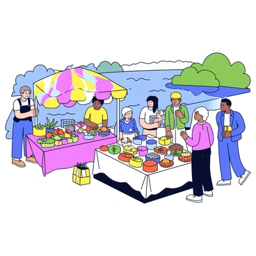 A local market with various vendors setting up stalls alongside the Jordan River. There are colorful canopies overhead providing shade, and tables filled with fresh fruits, vegetables, and handmade goods. Shoppers are browsing the stalls, with some holding bags filled with purchases. In the background, the flowing river can be seen, surrounded by greenery. The scene is lively, with people chatting and interacting with the vendors.