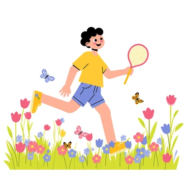 A child running through a vibrant field of blooming flowers, with a colorful butterfly net in hand. The child has short curly hair and is wearing a bright yellow t-shirt and denim shorts. Numerous butterflies with intricate patterns are fluttering around, some landing on the flowers, while others are playfully evading the child's grasp. The flowers are in a variety of colors, including red, blue, and purple, creating a lively scene. The sunlight casts a warm glow over the entire landscape, enhancing the cheerful atmosphere of the moment.