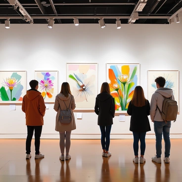 A gallery exhibit displays a variety of scientific illustrations created by students from a scientific illustration program. The walls are adorned with vibrant, detailed artworks depicting various subjects such as flora and fauna. Each illustration showcases a different style, capturing the intricacies of the subjects, such as the delicate veins of leaves, the textures of animal fur, and the coloration of flowers. The lighting highlights the fine details of each piece, while small placards beside the illustrations provide the titles and names of the student artists. A few visitors are engaged in discussions about the artworks, admiring the skills of the young illustrators.