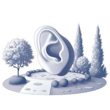 A large ear sculpted in stone in the middle of a tranquil garden