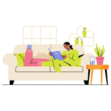 A person lounging comfortably on a fluffy, oversized couch with soft cushions, wearing a cozy sweater and relaxed pants. The person has a content expression while holding an open book, absorbed in reading. Next to the couch, there is a small side table made of wood with a chilled Baileys drink in a glass, complete with ice cubes. The scene is well-lit with natural light coming from a nearby window, casting gentle shadows across the room. There are a few potted plants in the background, adding a touch of greenery to the relaxing atmosphere.