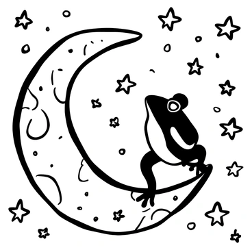A frog sitting on a crescent moon, with its body positioned comfortably on the curved surface. The moon has a textured surface, showcasing craters and shadows. Surrounding the moon are numerous stars scattered across the background, varying in size and shape. The frog's posture is relaxed as it appears to be gazing out into the cosmos, surrounded by a serene night sky.