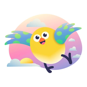 A cartoon bird with a round body and large, expressive eyes is flapping its wings mid-flight. The bird has bright yellow feathers and a cheerful orange beak. Its wings are outstretched, showcasing a pattern of vibrant blue and green. In the background, a colorful sky transitions from soft pink to deep purple, dotted with fluffy white clouds. The sun is setting on the horizon, casting a warm golden glow around the bird, highlighting its joyful movement through the air.