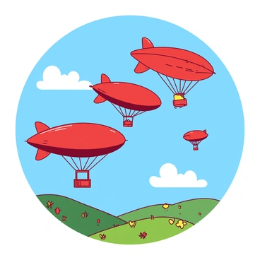 A fleet of red and yellow airships is gliding gracefully through a clear blue sky. Each airship has a distinct shape and size, with some being elongated like blimps and others more rounded. The balloons are filled with vibrant colors that reflect the sunlight, creating a lively display against the backdrop of the sky. Below, the landscape is dotted with green hills and patches of colorful flowers, adding to the overall visual richness of the scene.