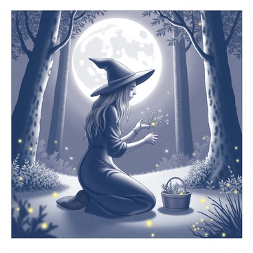 A witch is kneeling on the forest floor, carefully gathering various herbs with both hands. She wears a long, flowing dress that moves gently with the breeze. The moonlight filters through the dense canopy of trees, casting soft shadows on the ground. Surrounding her are glowing fireflies, their tiny lights flickering in the night air. The scene is filled with lush greenery, and the witch has a small basket beside her, filled with freshly picked herbs. The atmosphere is tranquil, with the intricate details of the forest highlighted in the moonlight.