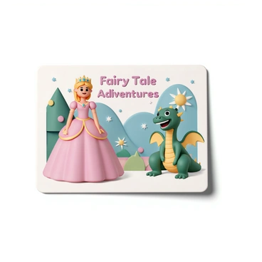 A colorful flashcard featuring a princess wearing a long, flowing pink gown with gold accents, and a crown adorned with jewels. She is smiling, standing confidently on the left side of the card. On the right side, there is a friendly-looking green dragon with yellow scales, sitting down with an open mouth as if it's laughing. The background of the flashcard is illustrated with enchanted forest elements, including trees with vibrant leaves and sparkling flowers. The text at the top reads "Fairy Tale Adventures" in bold, playful letters.