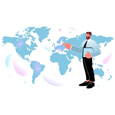 A map is displayed as the background, featuring various countries outlined in different colors. A broker in business attire is positioned in the foreground, standing confidently while pointing at specific countries on the map. In one hand, the broker holds a tablet, displaying financial data. Symbols of trade, such as arrows and currency icons, are illustrated around the map, emphasizing the theme of global trading. Various landmarks from different countries are subtly integrated into the map design, adding context to the scene.