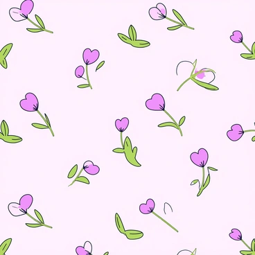 A repeating floral pattern design featuring stylized "bleeding heart" flowers. The flowers are designed with heart-shaped petals in shades of pink and a hint of white. Each flower has green, elongated leaves branching out from the base. The background is a light, soft color that enhances the delicacy of the flowers, allowing the pattern to have an airy feel. The overall composition is balanced, with the flowers evenly spaced to create a harmonious and continuous motif.