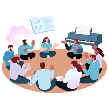 A group of choir members is sitting in a semi-circle on a wooden floor, engaged in relaxed conversation during a rehearsal break. Each member is wearing a different color shirt, adding a vibrant touch to the scene. Some members have sheet music in their laps, while others are sipping on water bottles. The atmosphere around them is lively, with a few members laughing and gesturing animatedly. In the background, a large music stand with a stack of sheet music is placed, and there is a nearby piano with open sheet music resting on top. The overall setting is warm and inviting, filled with a sense of community and camaraderie.