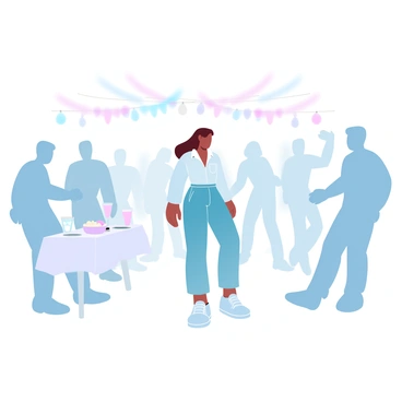 A person is standing alone in the center of a party scene. The person is wearing a stylish outfit, with a relaxed posture. Around them, indistinct shadows of partygoers mingle, creating a contrast between the vibrant attire of the central figure and the muted silhouettes of the others. Colorful decorations hang from the ceiling, and soft lights cast a warm glow across the scene. A table with snacks and drinks is positioned to one side, while a dance area can be seen in the background, filled with more shadowy figures.