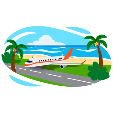 A large airplane is positioned on a runway, showcasing a sleek design and vibrant colors. The runway is lined with lush tropical trees featuring broad green leaves and colorful flowers. In the background, vibrant ocean waves crash against the shore, with shades of blue and white creating a dynamic contrast with the greenery. The scene is bright and sunny, highlighting the airplane as the focal point against the picturesque landscape.