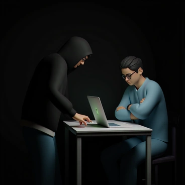 A shadowy figure, dressed in a dark hoodie and jeans, is leaning over a laptop on a table, their face obscured by shadows. The figure's hands are reaching towards the keyboard with a focused expression. In contrast, a vigilant user sits nearby, wearing glasses and a light blue shirt, looking intently at the screen with a determined expression. The user has their arms crossed protectively over the laptop, creating a visible barrier, while the room is dimly lit, enhancing the tension of the scene. A faint glow from the laptop screen illuminates both figures, highlighting the sense of urgency in the situation.
