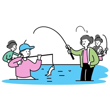 A fishing competition scene with multiple participants actively reeling in pike fish. In the foreground, a man with a blue cap and red shirt is struggling with a pike at the end of his fishing line. Nearby, a woman wearing a green jacket and black pants is celebrating as she pulls in her catch. Other competitors can be seen in the background, each with fishing rods in hand and focused expressions. The setting features a calm lake with ripples on the water's surface, surrounded by trees and a clear blue sky.