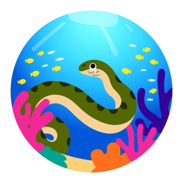A long, slender moray eel with a patterned green and brown body is partially hidden among vibrant coral formations. The eel's mouth is slightly open, revealing sharp teeth. Surrounding the eel are schools of small, luminous fish that glow in shades of blue and yellow, darting playfully through the clear, sparkling waters. Colorful corals in pink, orange, and purple provide a rich backdrop, while light rays filter down from the surface, creating a lively underwater scene.