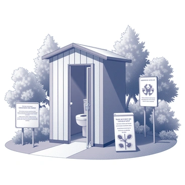 A public composting toilet structure located in a park setting. The toilet has a simple, functional design, made of natural materials like wood and metal. It features an accessible design with a door that swings open to reveal the interior. Surrounding the toilet are various eco-friendly signage elements, conveying messages about sustainability and environmental awareness. The signs are made of recycled materials and display information about composting and waste reduction. Lush greenery and trees fill the background, creating a natural environment that supports eco-friendly practices.