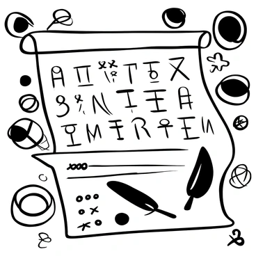 An ancient scroll partially unrolled on a wooden table. The scroll is covered with intricate symbols and scripts that represent the creation of a confederation. Various geometric shapes and lines interconnect, illustrating unity and collaboration. Surrounding the scroll are quills and inkwells, hinting at the process of document creation. Light gently casts shadows across the surface of the scroll, emphasizing its aged texture.