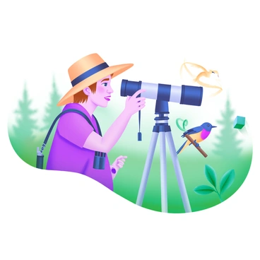 A birder is standing in a lush green environment, focused intently on a rare bird perched on a branch. The birder is equipped with a powerful telephoto lens mounted on a sturdy tripod. They are wearing a wide-brimmed hat and binoculars are hanging around their neck. The rare bird, adorned with vibrant colors, is captured in detail through the lens. In the background, there are blurred trees and foliage, creating a natural setting for birdwatching. The birder's expression shows concentration and excitement as they observe the bird.