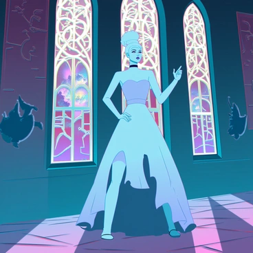 The Bride of Frankenstein, with her iconic white hair styled in a high updo and wearing a tattered, elegant gown, is exploring a grand fairy tale castle. The interior is adorned with towering stained glass windows that depict mystical scenes; light filters through, casting vibrant, colorful shadows across the stone floor. The atmosphere is filled with an air of mystery as she walks cautiously, her face illuminated by the brilliant hues reflecting from the glass, highlighting her striking features. Ornate decorations, such as gargoyles and intricate tapestries, add to the enchanting yet eerie ambiance of the castle.