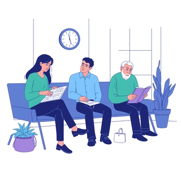 A group of three individuals is seated in a waiting room. The first person, a woman with long brown hair, is flipping through a magazine with a disinterested expression. She is wearing a teal sweater and has a small white handbag next to her. Next to her, a man in a blue shirt is leaning back in his chair, staring blankly at the wall, while a magazine lies unopened on his lap. The third person, an elderly man with gray hair, is holding a magazine but is looking out the window, appearing lost in thought. The waiting room features plain white walls and a few potted plants scattered around. A clock on the wall shows the time, adding to the atmosphere of waiting.