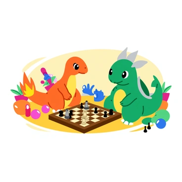 A vibrant scene featuring a "strategic Charmander" sitting at a wooden chessboard. The "chessboard" is set up with various black and white pieces positioned thoughtfully. "Charmander" has a focused expression, its fiery tail flickering with excitement as it contemplates its next move. Opposite "Charmander," a "wise old Bulbasaur" observes carefully, its eyes narrowed in concentration. "Bulbasaur" has a few gray leaves and a thoughtful demeanor, adding to its wise appearance. The setting includes a cozy background with colorful plants and toys scattered around, enhancing the playful yet serious atmosphere of the chess match.