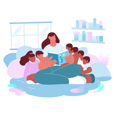 A woman is seated on a cozy rug in a living room, surrounded by her children who are sitting closely around her. The woman is holding a colorful picture book open in her lap, showing vibrant illustrations. The children are attentively looking at the book, with some leaning in closer to get a better view. The living room has a warm atmosphere, with soft pillows scattered around and a shelf filled with various books in the background. A gentle light filters in from a nearby window, highlighting the joyful scene.