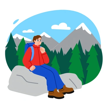 A hiker with a backpack is sitting on a large rock, taking a break. The hiker has short brown hair and is wearing a bright red jacket and sturdy hiking boots. They are performing scapular retraction exercises by pulling their shoulders back. The background features a breathtaking mountain view with rugged peaks and a clear blue sky. Green pine trees stretch out in the foreground, while wisps of clouds hover above the mountains. The sunlight casts soft shadows, highlighting the hiker's focused expression as they enjoy the natural scenery.