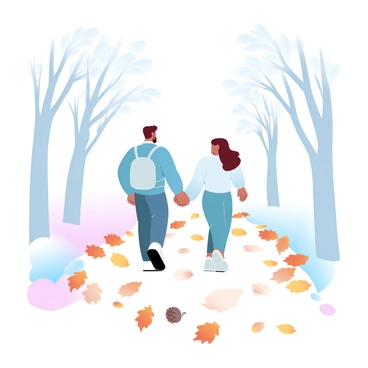 A winding path in a forest is covered with an array of fallen leaves in various shades of orange, yellow, and brown. To one side of the path, there are tall trees with slender trunks and branches that reach out, their leaves gently rustling in the breeze. A couple is walking hand-in-hand along the path. The man is wearing a light jacket and carrying a small backpack, while the woman is dressed in a cozy sweater and jeans. They are surrounded by a tranquil atmosphere, with dappled sunlight filtering through the trees, creating soft patches of light on the ground. A few scattered acorns and pinecones can be seen among the leaves.