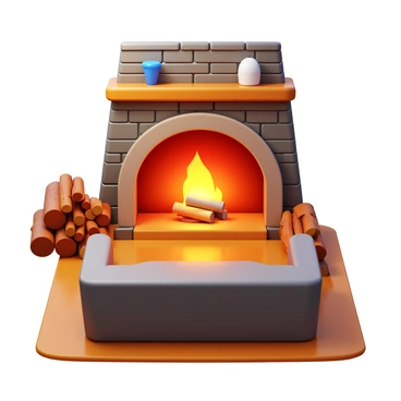 A crackling fireplace with bright flames and glowing embers. The fireplace is made of rustic stone, featuring a wooden mantle adorned with decorative items. The cozy living room has a warm wooden floor and is furnished with a large, comfortable sofa facing the fire. Fallen logs are stacked neatly in a corner, some resting on the floor, adding to the rustic ambiance. Soft, ambient lighting illuminates the room, enhancing the inviting atmosphere.