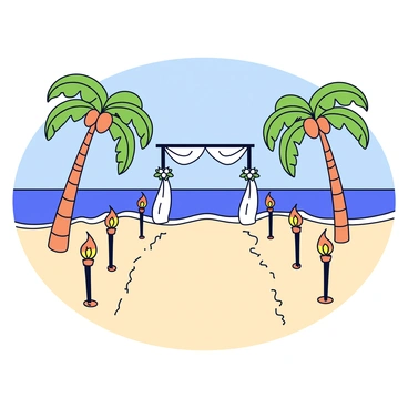 A secluded island resort featuring a sandy beach with gentle waves lapping at the shore. In the foreground, there are several tall palm trees with lush green fronds swaying lightly in the breeze. Scattered along the beach are tiki torches, each with a flickering flame at the top, casting a warm glow as they line the path leading to a decorated altar. The altar is adorned with white flowers and flowing fabric, creating a romantic setting for the wedding ceremony. In the distance, a clear blue sky meets the horizon, enhancing the serene atmosphere.