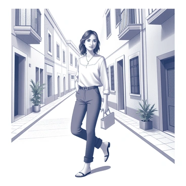 A person wearing a classic Capri outfit is walking leisurely down a quaint street. The outfit consists of fitted, tailored trousers and a lightweight, stylish top. The individual has a confident posture, with one hand casually tucked into a pocket while the other holds a small handbag. The street is lined with charming, old buildings featuring detailed facades and rustic windows. There are potted plants on the window sills and cobblestone paving underfoot, adding to the quaint atmosphere of the scene.