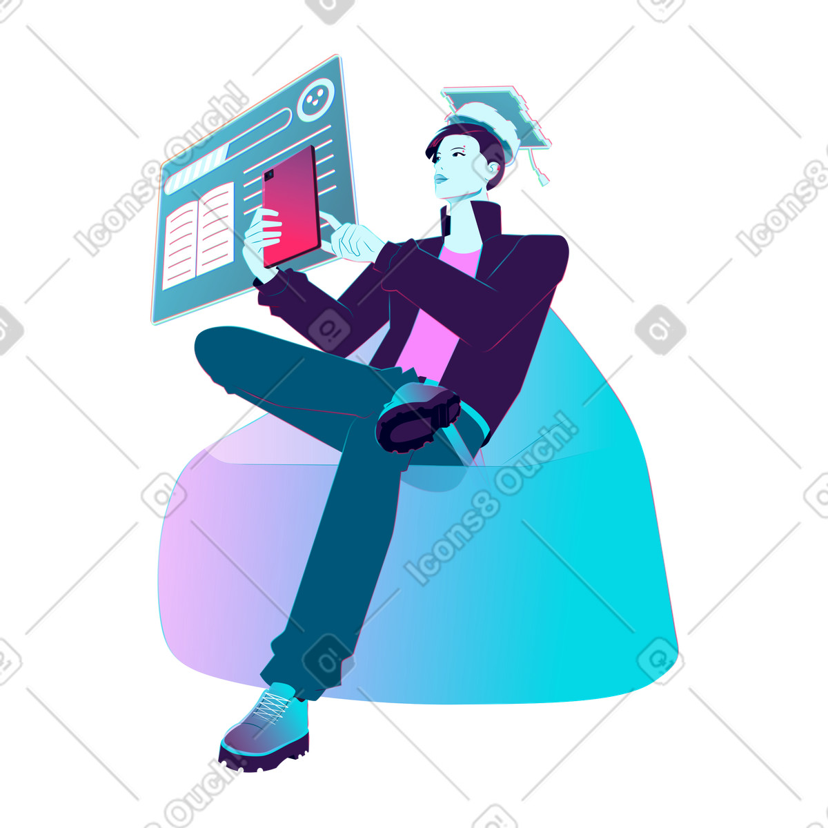 Young man with tablet studying online illustration in Neon style download in PNG, SVG