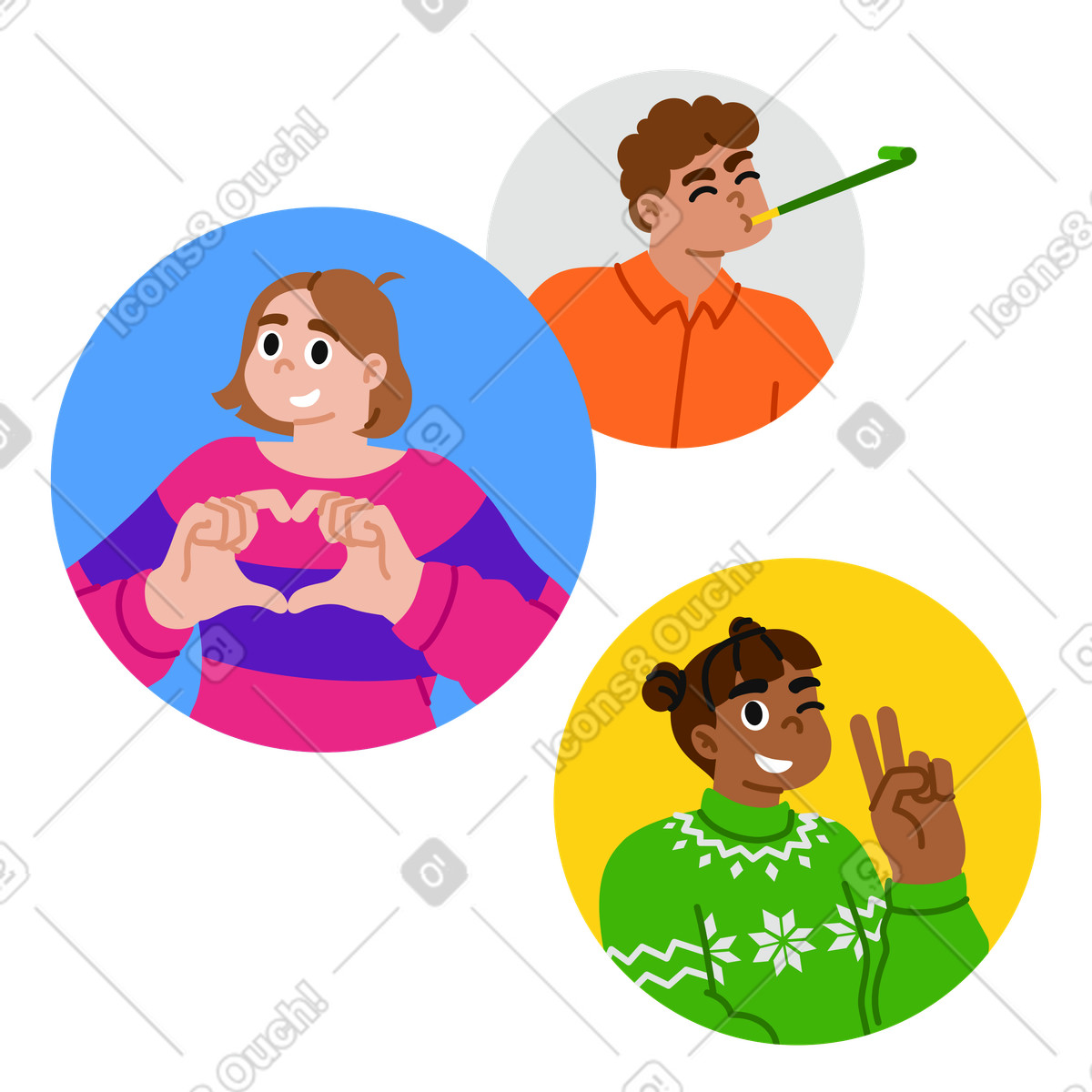 Avatars of happy friends, Profile images for social or team apps animierte Illustration im Active-Stil als Download in GIF, Lottie (JSON), AE