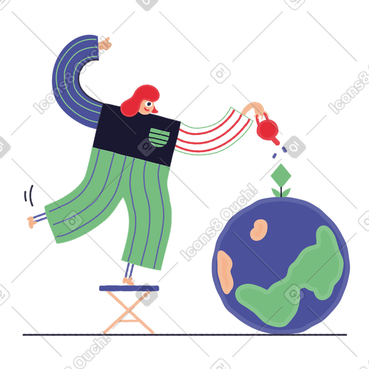 Illustration Girl watering a flower growing out of planet dans le style Stripy à télécharger aux formats PNG, SVG