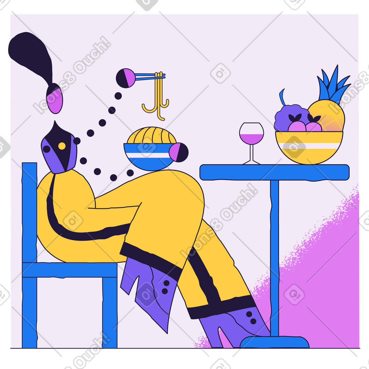 Ilustración Mujer comiendo fideos para el almuerzo en estilo Conifer a descargar en PNG y SVG