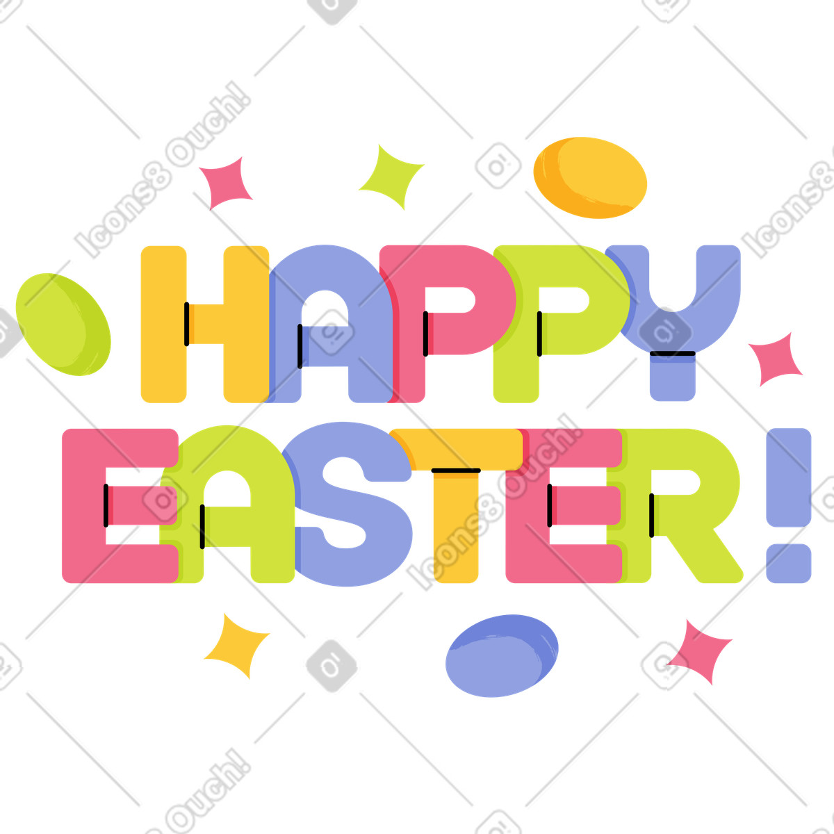 Иллюстрация Надпись happy easter с пасхальными яйцами и декором в стиле Juicy — скачать в форматах PNG, SVG