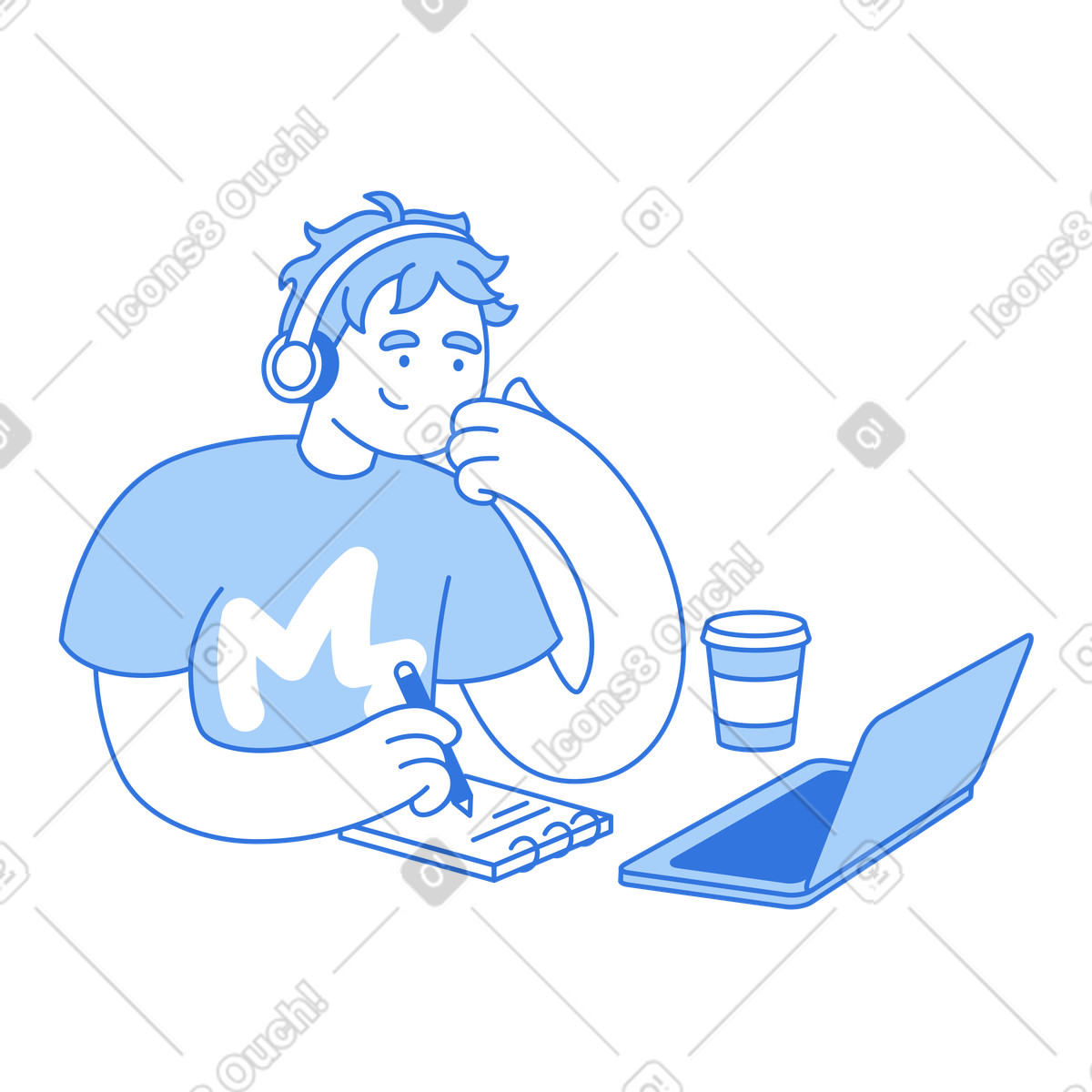 Sky スタイルの Person studying with laptop and coffee cup, Distance education or remote training のイラストをPNG、SVG形式でダウンロード