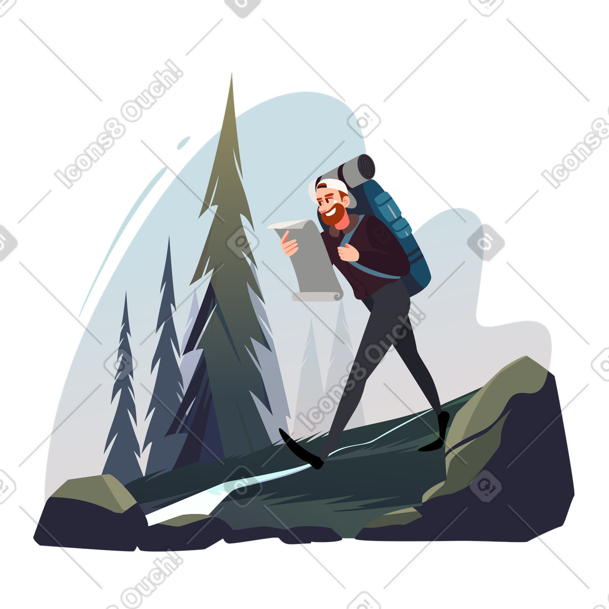 Traveler walking in the woods animated illustration in GIF, Lottie (JSON), AE
