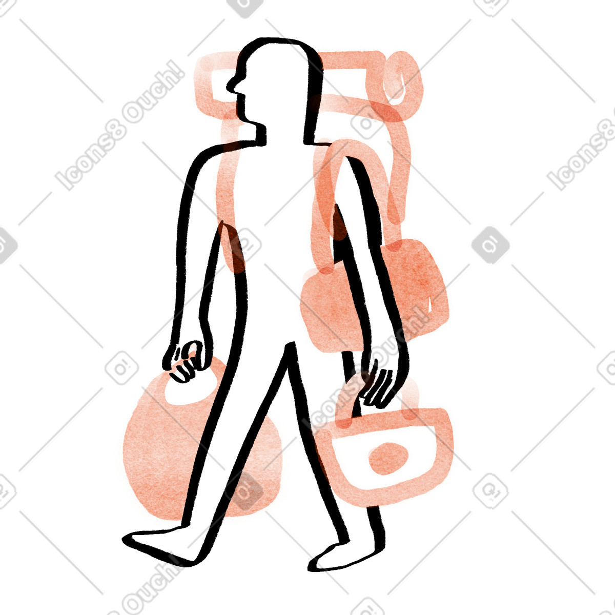 Overloaded with backpack and bags for travel or bargain shopping illustration in Hand-drawn animation style download in PNG, SVG
