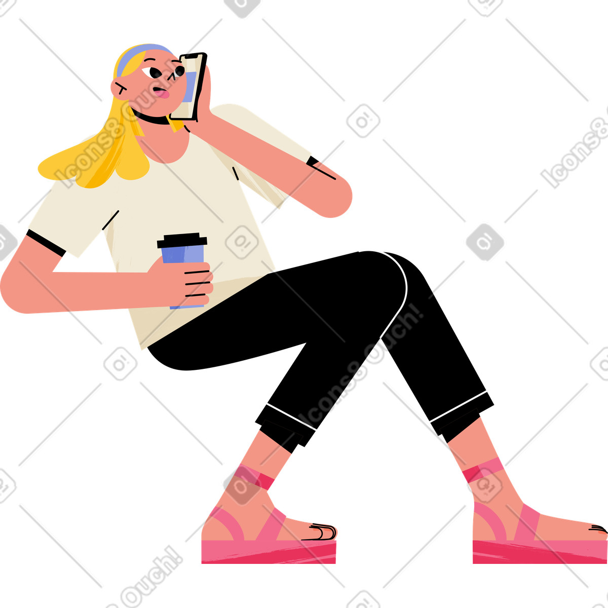 Seated woman with coffee and phone illustration in Juicy style download in PNG, SVG