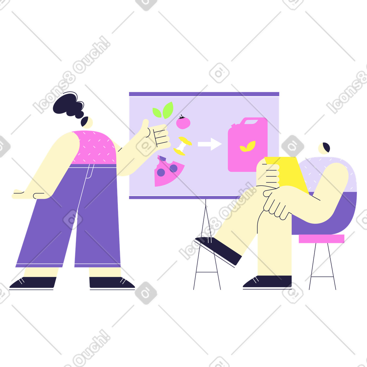 Woman presenting ways to produce biofuel illustration in Mellow style download in PNG, SVG