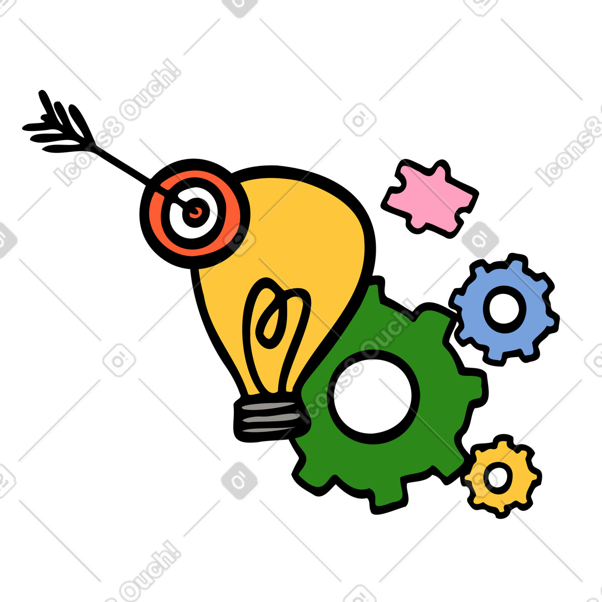 Brainstorming with light bulb, gear, and target illustration clipart in PNG SVG GIF