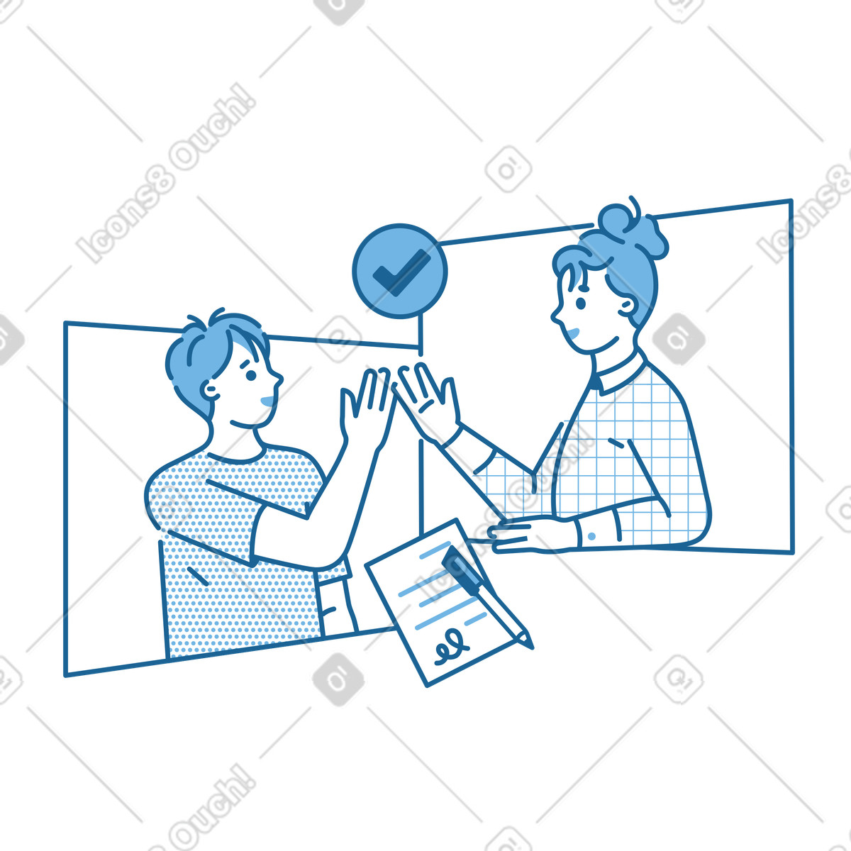 Partners sealing deal online illustration in Natty style download in PNG, SVG