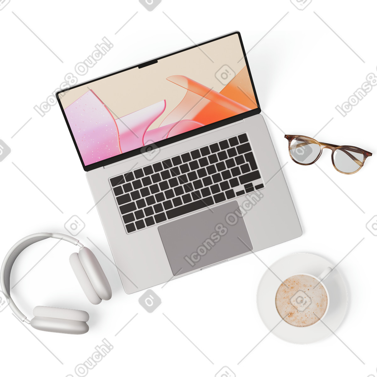 Draufsicht auf laptop, brille, tasse kaffee, kopfhörer-Illustration im 3D Hygge-Stil als Download in PNG, SVG