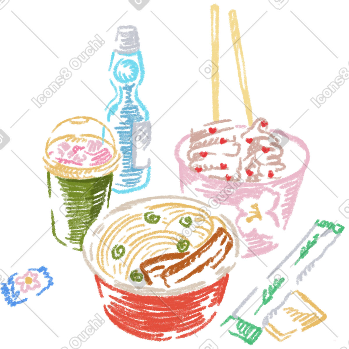 Sketchbook スタイルの Asian street food set のイラストをPNG、SVG形式でダウンロード